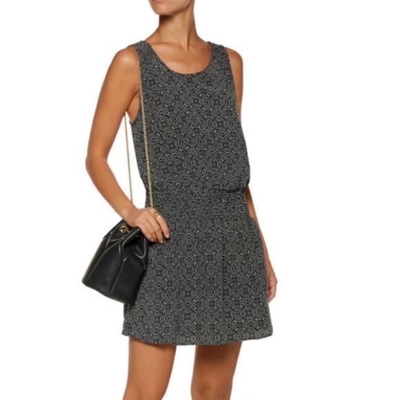 Joie Lawska Caviar Black Porcelain Print Silk Smocked Dress - Picture 2 of 10